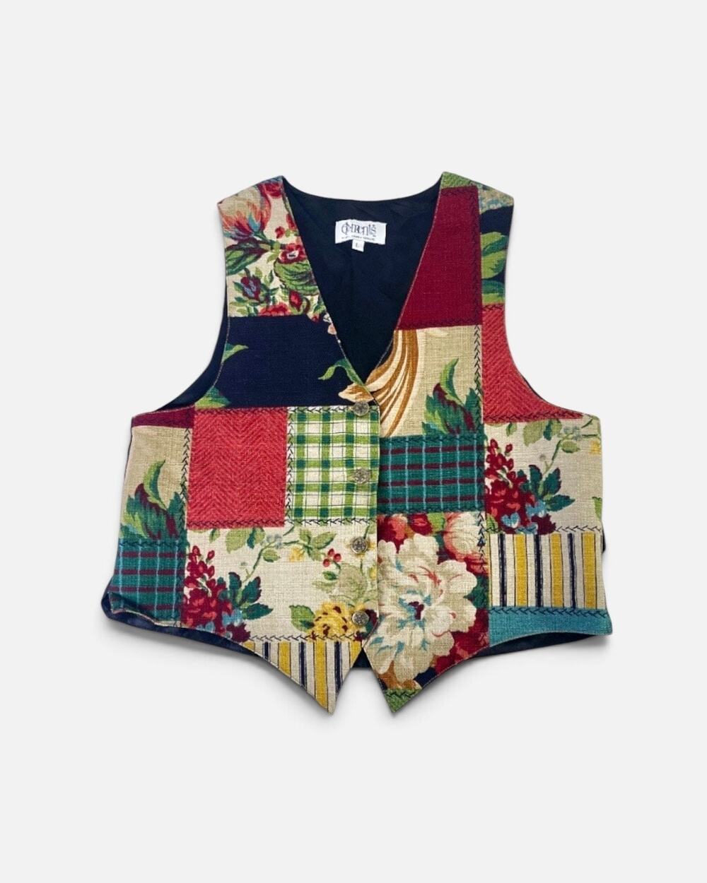 VTG 90s Floral Patchwork Tapestry Vest Sz Large Grandpa Shire Retro Waistcoat